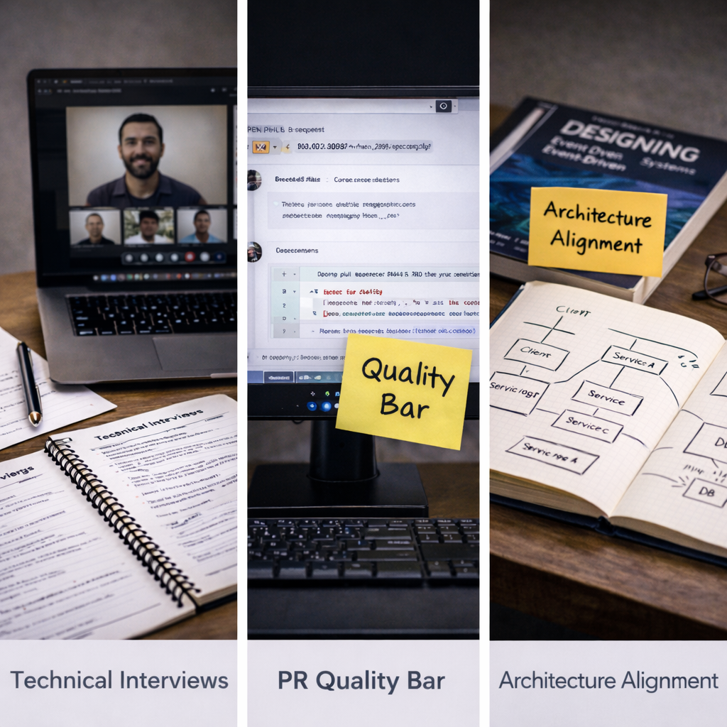 Engineering Lead overseeing technical interviews, pull request quality standards, and system architecture alignment