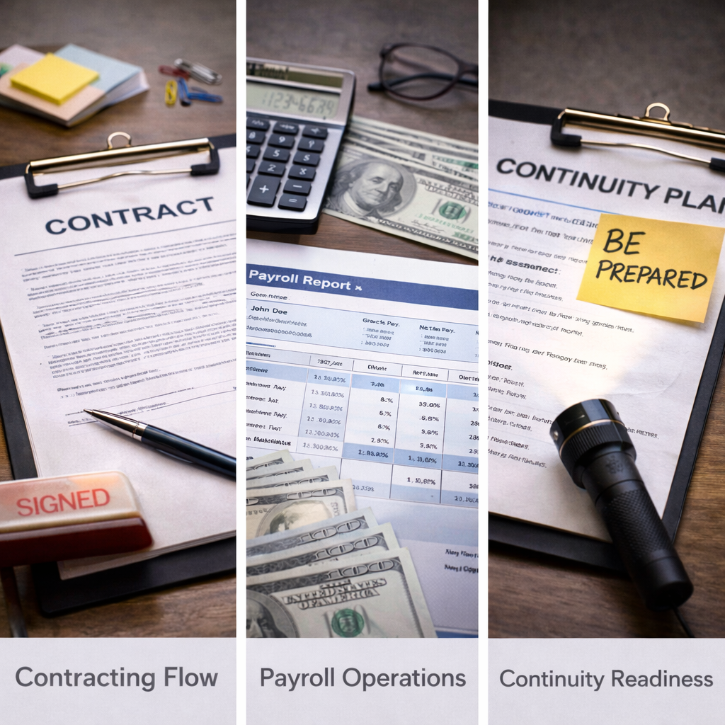 Ops and Compliance Lead managing contracting flow, payroll operations, and continuity readiness